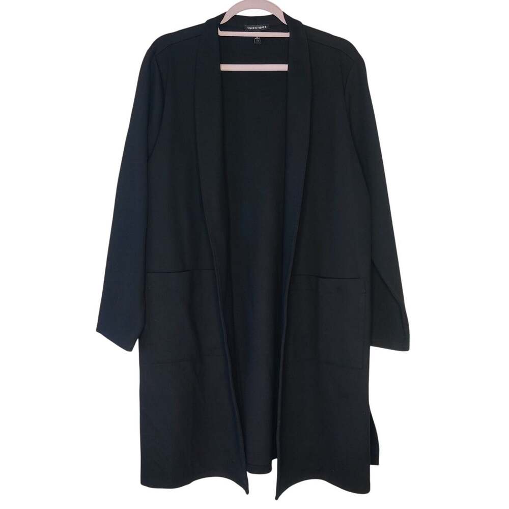 Eileen Fisher Black V Neck Long Line Duster Coat Ponte Jacket XL Quiet Luxury